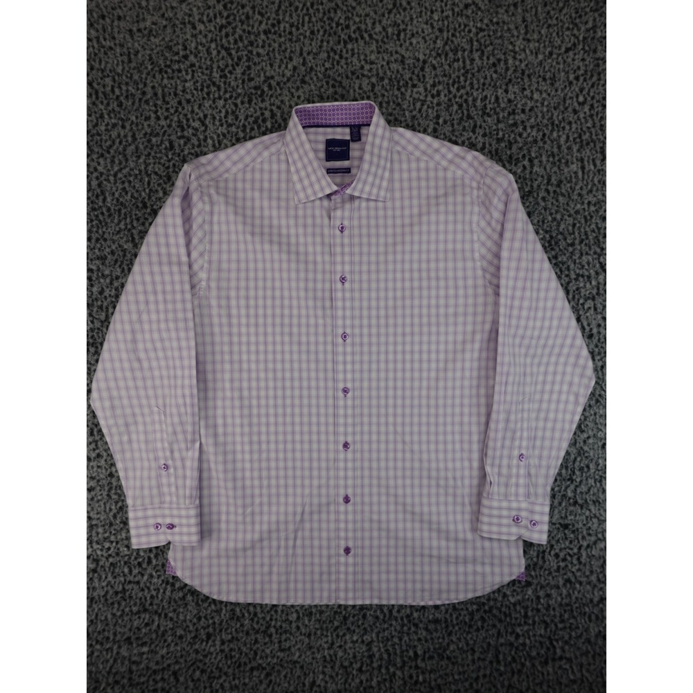 Nick Graham Mens 16-16.5 32-33 White Purple Plaid‎ Stretch Modern Fit Shirt